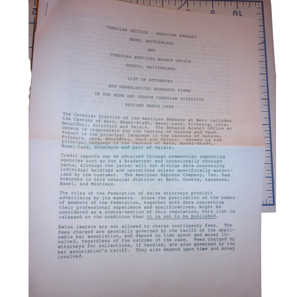 1989 US Embassy Switzerland List of Attorneys & Genealogical Research Firms‎